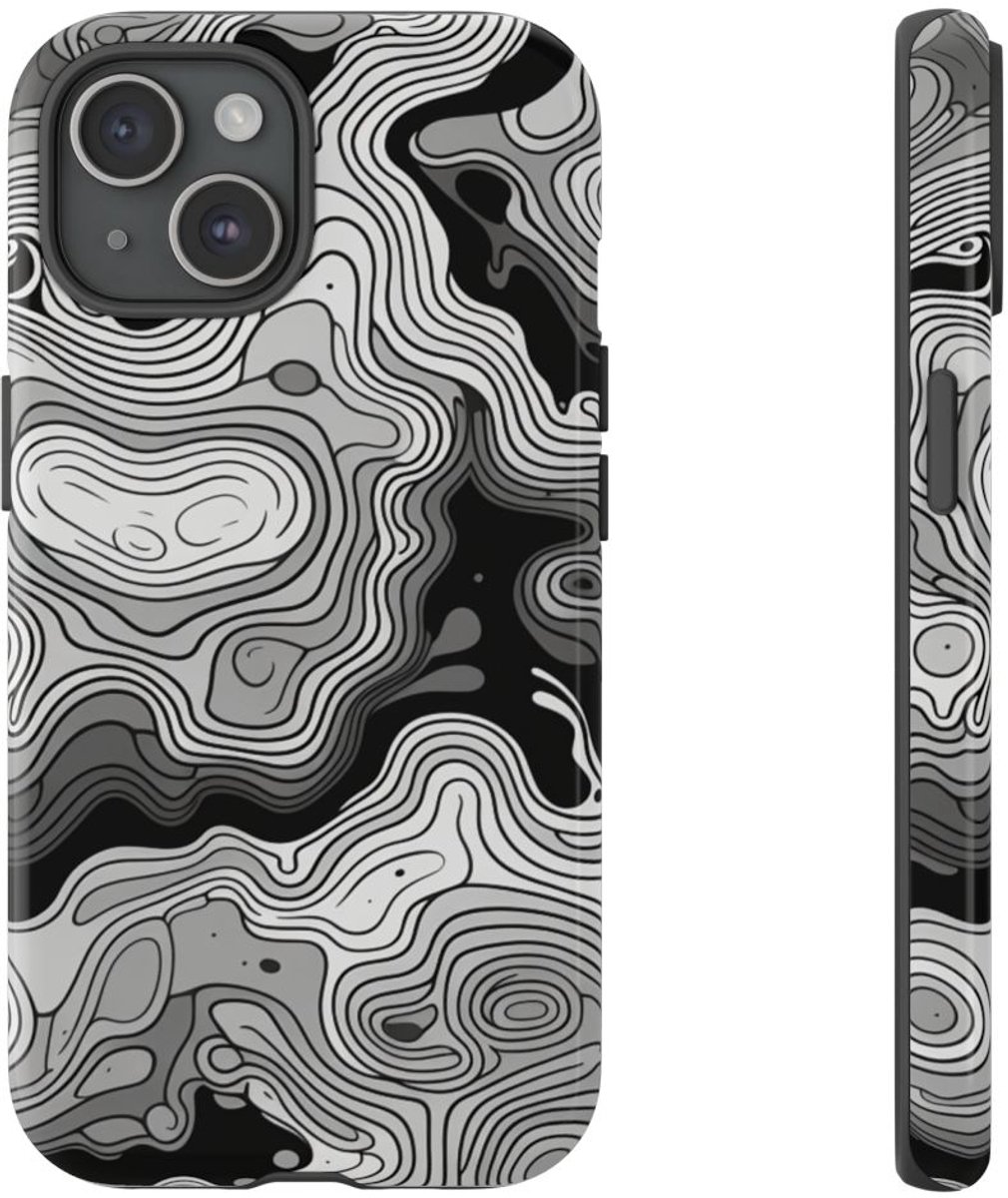 Monochroom Topografisch Patroon – Telefoonhoesje Geschikt voor iPhone 15