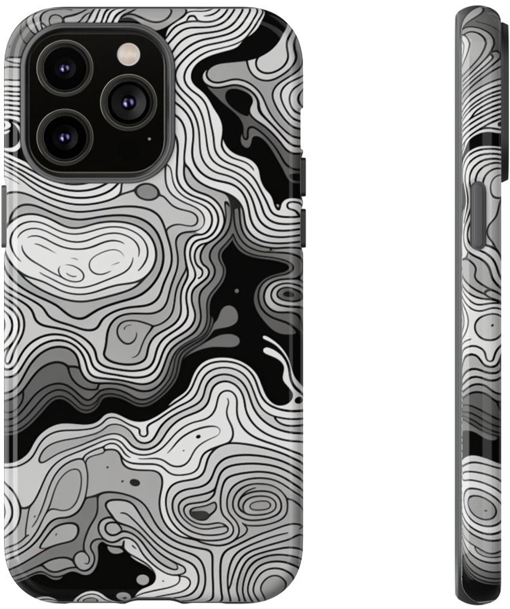 Monochroom Topografisch Patroon – Telefoonhoesje Geschikt voor iPhone 14 Pro Max