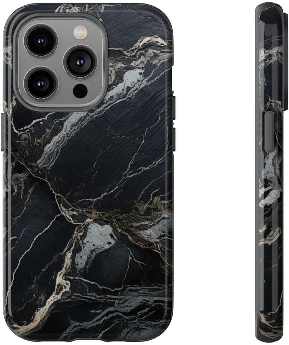 Zwarte Marmerstructuur met Witte Adering – Telefoonhoesje Geschikt voor iPhone 14 Pro