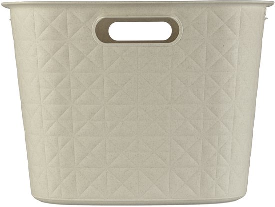 Crèmekleurige wasmand met geometrisch patroon en handgrepen.