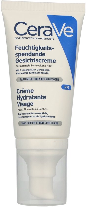 CeraVe Feuchtigkeitsspendende Gesichtscreme tube. Voor normale tot droge huid. Met 3 essentiële ceramiden, niacinamide & hyaluronsäure. Parfumfrei und nicht komedogen. PM.