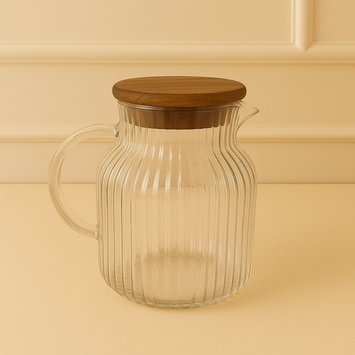 Mevaz Luxe Geribbelde Glazen Karaf met Houten Deksel – 1500 ml