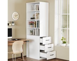Re-purelife® Modern Office Boekenrek met Opbergruimte - Smal Opbergmeubel 60x38x180 cm - Met 3 Zijlades & Verstelbare Planken - Sideboard voor Woonkamer, Badkamer of Keuken - Wit