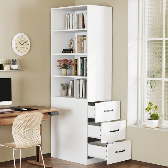Re-purelife® Modern Office Boekenrek met Opbergruimte - Smal Opbergmeubel 60x38x180 cm - Met 3 Zijlades & Verstelbare Planken - Sideboard voor Woonkamer, Badkamer of Keuken - Wit