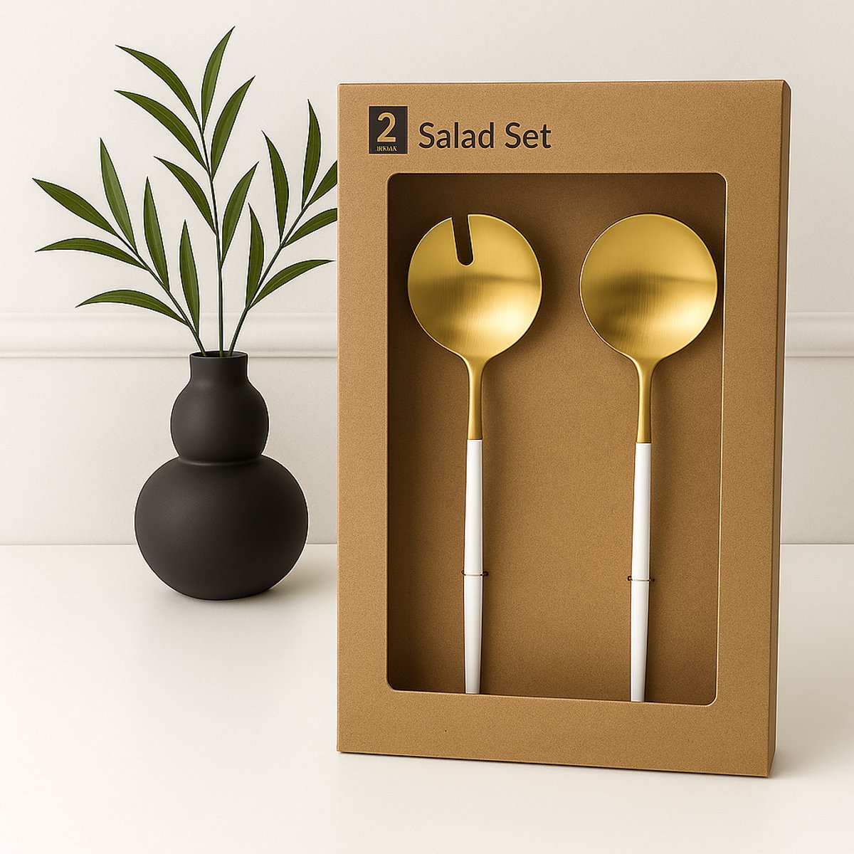 Mevaz 2-delige Saladebestek Set – Goud met Wit Handvat – Roestvrijstaal – Luxe Salade Lepels & Vork – 25 cm