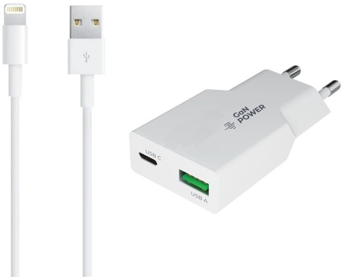 OneOne 20W Lader met USB A en C poort + 1,0m OneOne USB A naar Lightning kabel. USB C voor snelladen. PD PPS lader. GAN oplader adapter past op Apple iPhone XR, iPhone XS, iPhone XS Max, iPhone 10, iPhone 11, 11 Pro, 11Pro Max