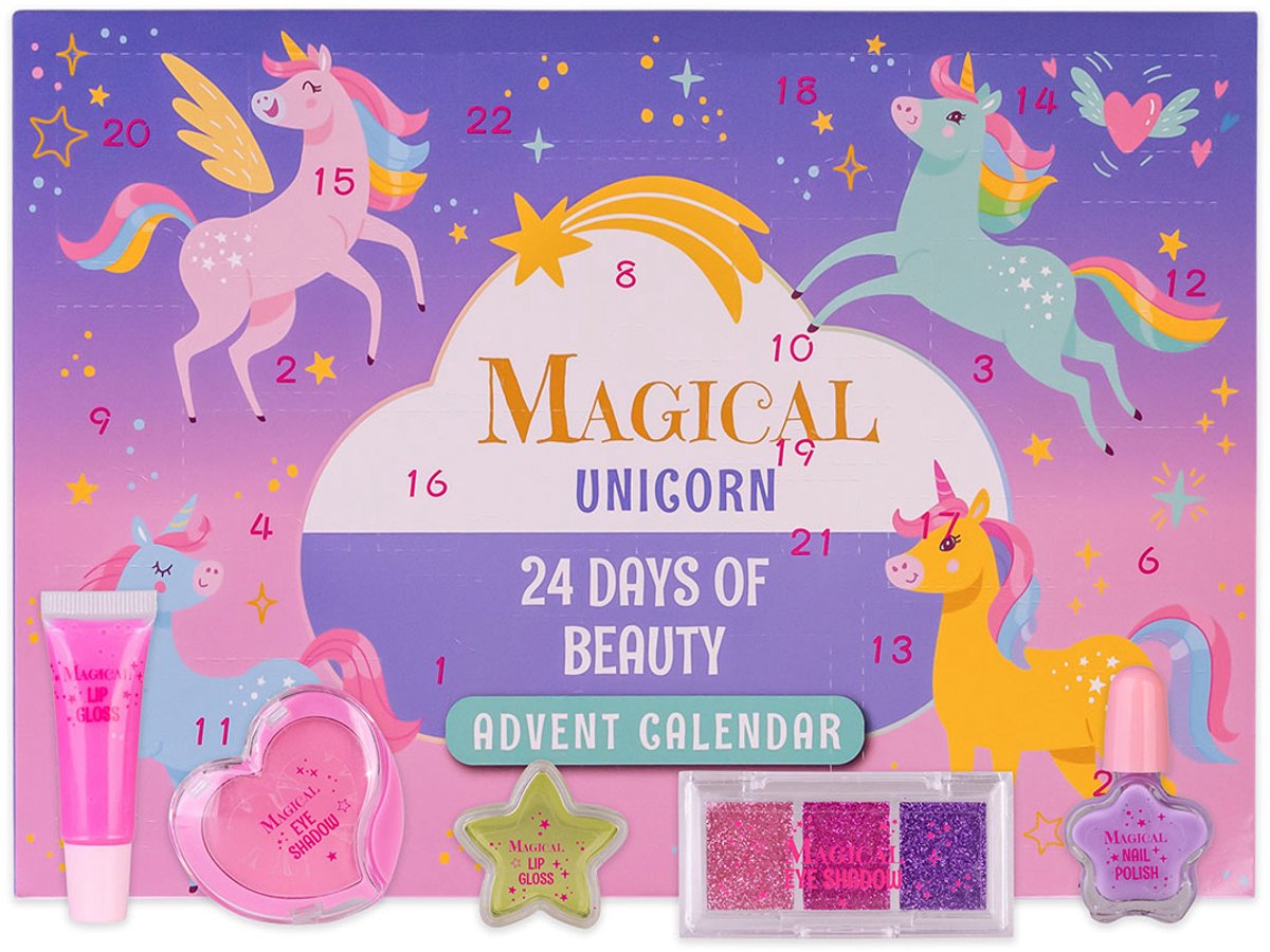 Beauty Meisjes - Unicorn - 24 verrassingen - Make-up Geschenkset Kinderen Dames - Cadeau meisje 3 jaar, 4 jaar, 5 jaar, 6 jaar, 7 jaar, 8 jaar - Roze Eenhoorn cadeautjes - Adventskalender 2025 Make up Kind