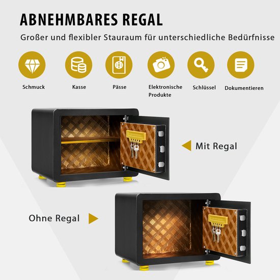 Zwarte kluis met en zonder interne plank, getoond met pictogrammen voor inhoud: sieraden, geld, paspoorten, elektronica, sleutels, documenten.