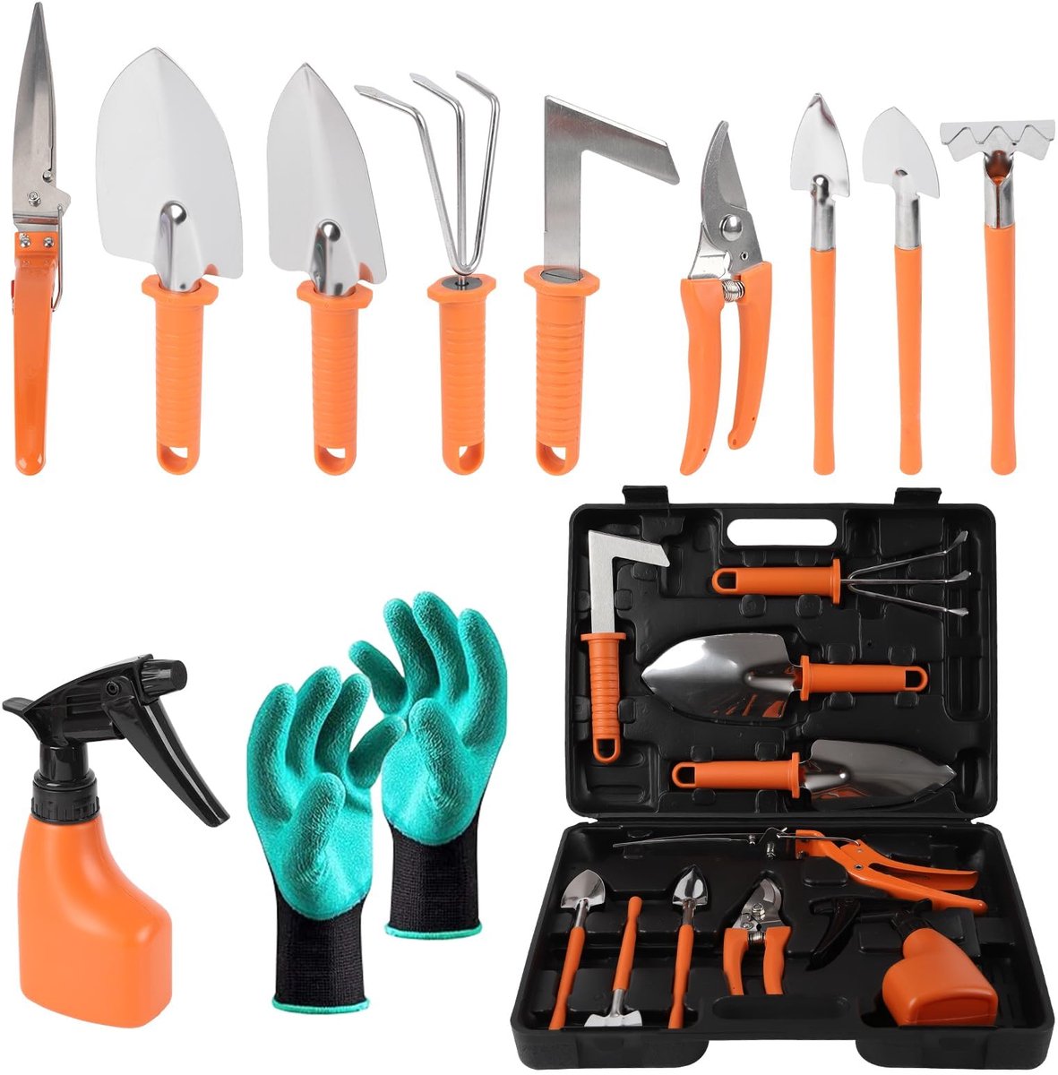 Tuingereedschapset - 11-delig met draagtas en handschoenen - Voor graven, planten en snoeien - Dames en heren - Oranje