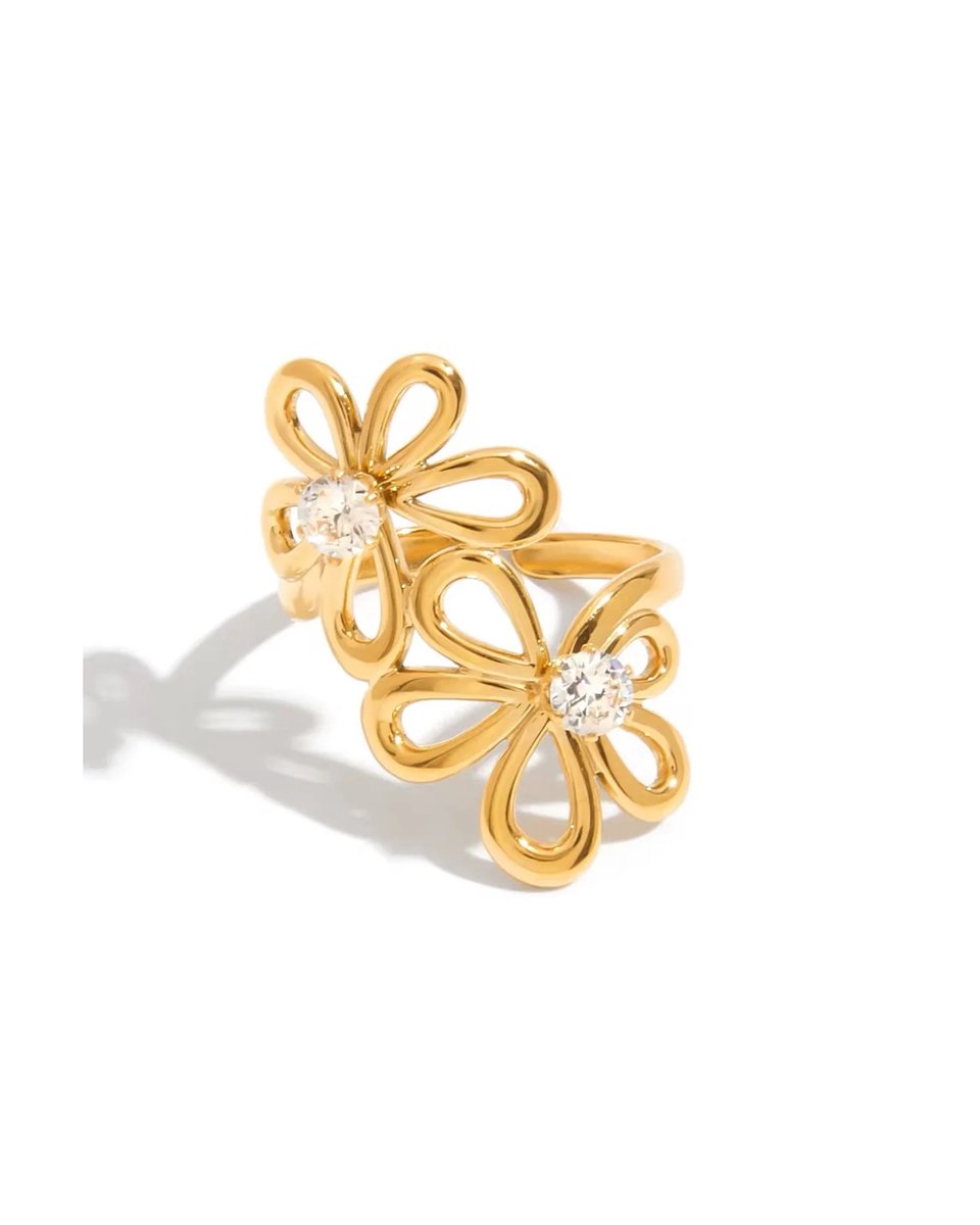 Cliste Couture Dubbele Bloem Ring - Zirkoon - Goud Kleurig - Dames Ring - Vrouwen Cadeau - Dames Sieraden - Verstelbaar