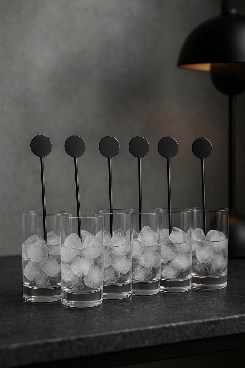 Roerstaafjes RVS – 6 stuks – Cocktail Lepels – Zwart – Rond Design