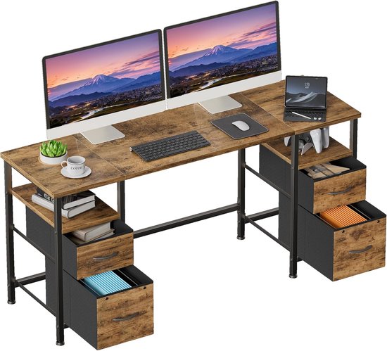 Coleshome Bureau met Stoffen laden, Omkeerbaar Bureau, 140 x 80 cm L-vorm met Aktlade, Hoekbureau met USB-Oplaadpoort en Stopcontact, Thuiskantoor, Bureau, Wit