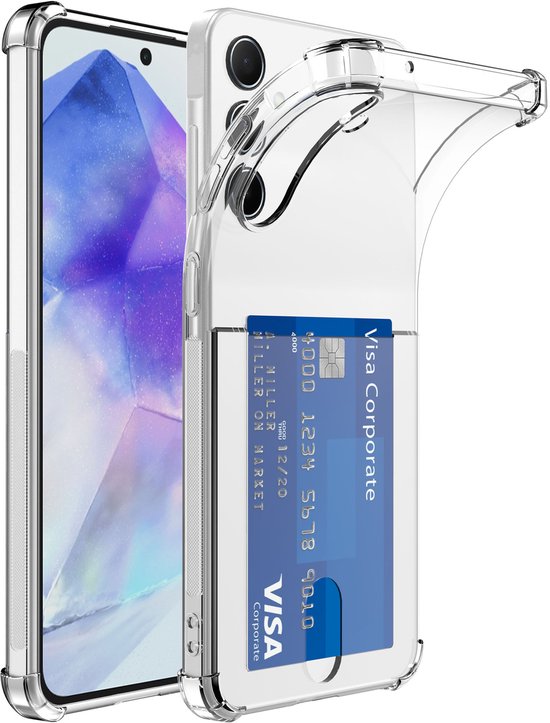 Doorzichtig telefoonhoesje met creditcardhouder aan de achterkant, voor Samsung Galaxy A55.