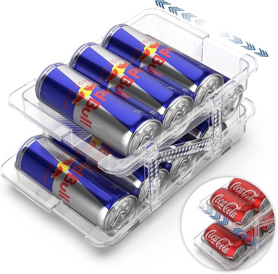 Allecto Premium - Organiseur de canettes réglable pour réfrigérateur - Distributeur de canettes - Support large pour canettes - Transparent - 250 ml / 330 ml / 1 l