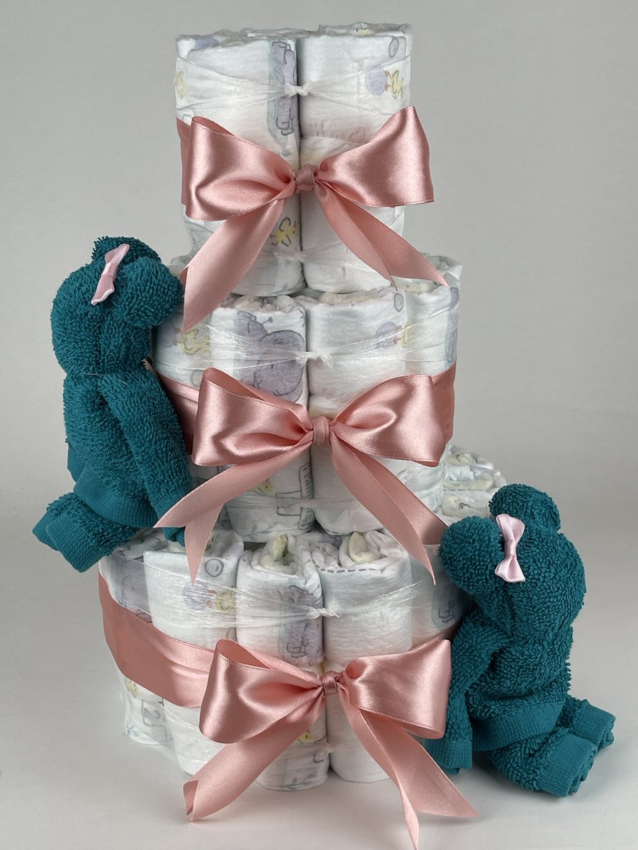 Chouette-Chouette | Luiertaart Meisje | Kraamcadeau | Geboorte Meisje | Babyshower | Beren Lake groen - donker Poeder Roze