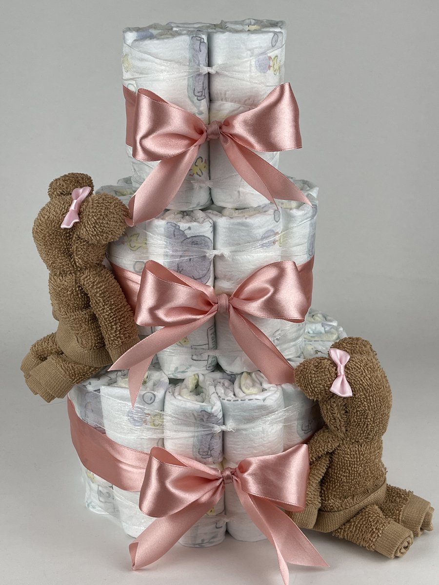 Chouette-Chouette | Luiertaart Meisje | Kraamcadeau | Geboorte Meisje | Babyshower | Beren Sand - donker Poeder Roze