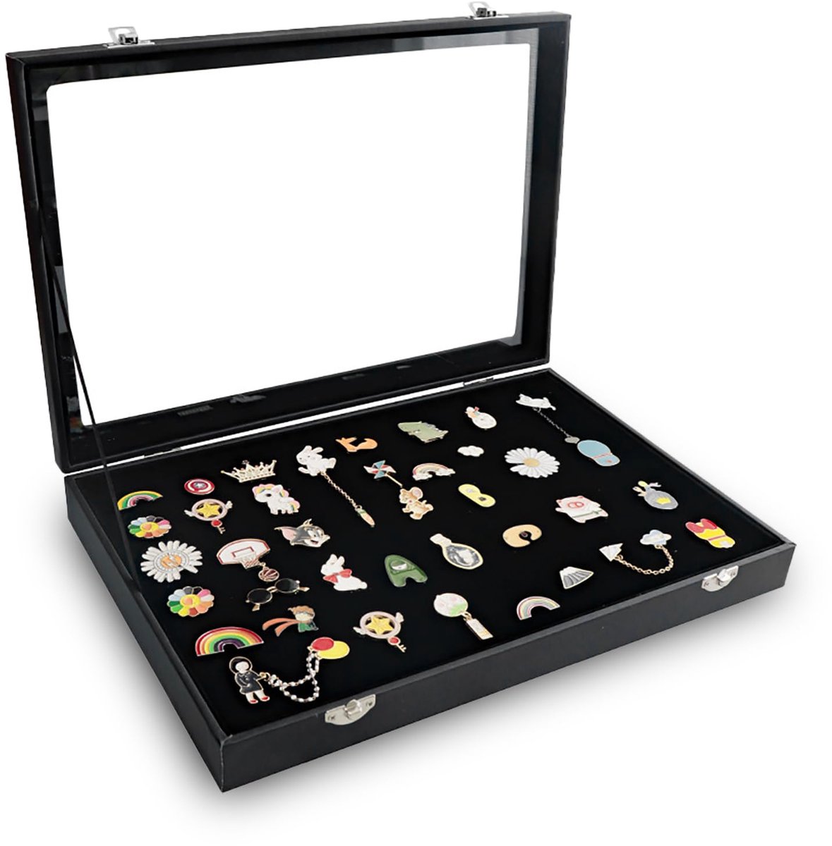 Selbro® Badge-displaydoos, grote capaciteit, stofdicht, glazen displaydoos voor het verzamelen van spelden, imitatieleer, transparant, voor sieraden (PU-leer, 35 x 24 x 5 cm/13,8 x 9,4 x 2,0 inch)