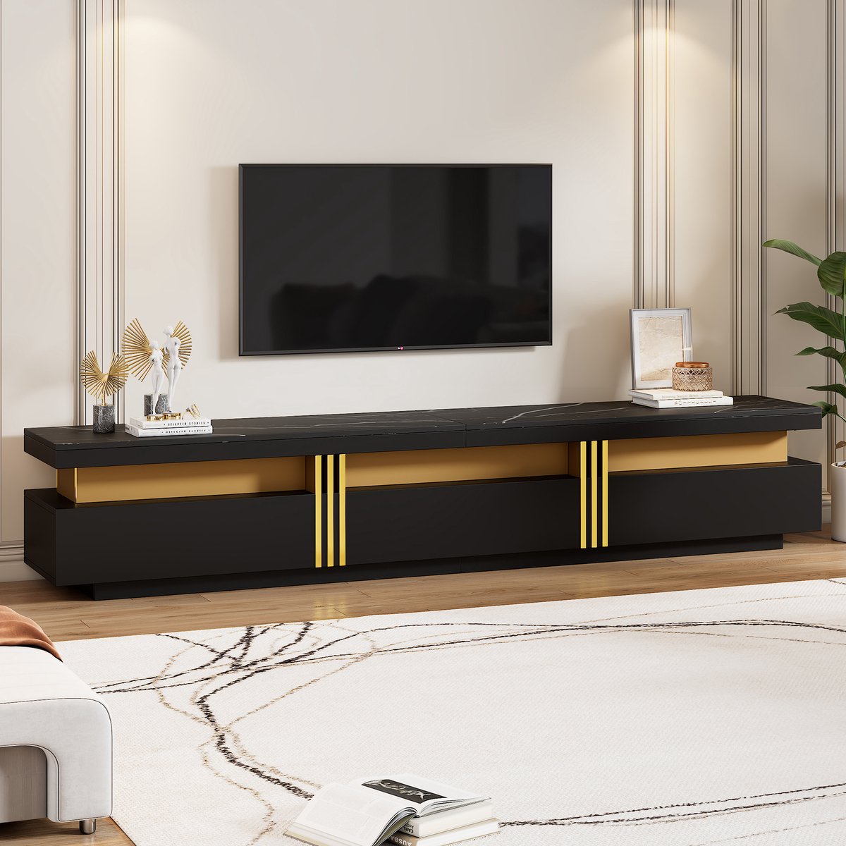 Sweiko TV-kast - Marmerlook - 200 x 40 x 42 cm - 3 lades - Zwart + Goud