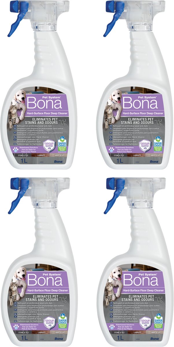 Bona Huisdier Intensiefreiniger voor Harde Vloeren 1L (4-pack) - Huisdier Vlekkenreiniger en Geurverwijderaar - Urinegeur Verwijderaar - Stain Remover - Geschikt als Honden en Katten Spray