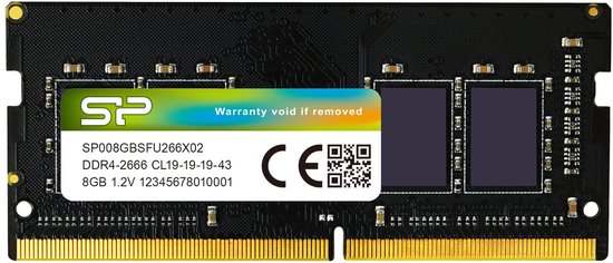 Zwarte SP DDR4 8GB 2666MHz SODIMM geheugenmodule met label 'SP008GBSFU266X02 8GB 1.2V'.