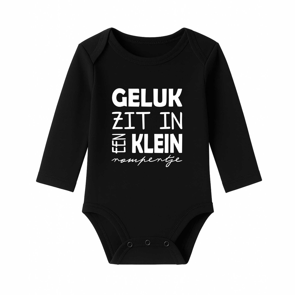 Romper met Tekst Baby – Geluk zit in een klein rompertje – Zwart – Lange mouw – Maat 74/80