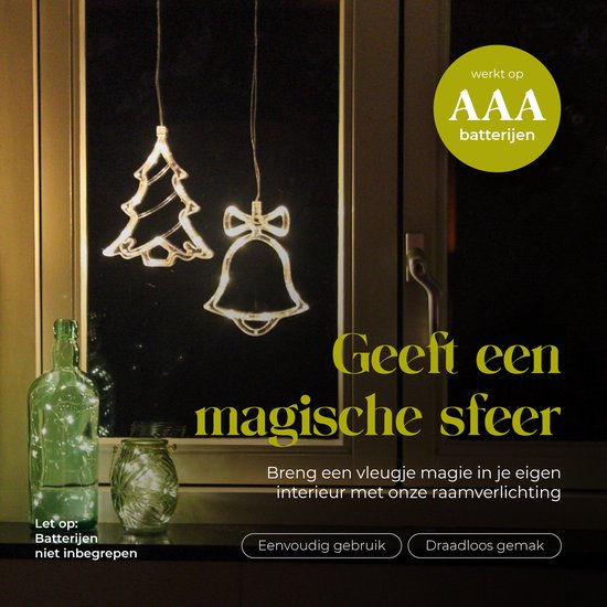 Kerstboom- en kerstbelvormige raamverlichting met warm wit licht, werkt op AAA batterijen.