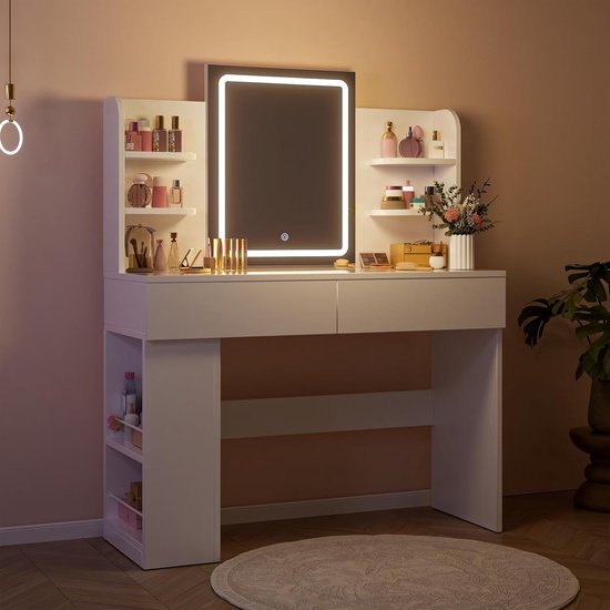 Foto: Luxe kaptafel met led verlichting kaptafel van 108x40 cm met grote spiegel 3 lichtkleuren en dimbare helderheid 2 lades en open planken moderne cosmetische tafel voor slaapkamer en kleedkamer matwit homebynicole