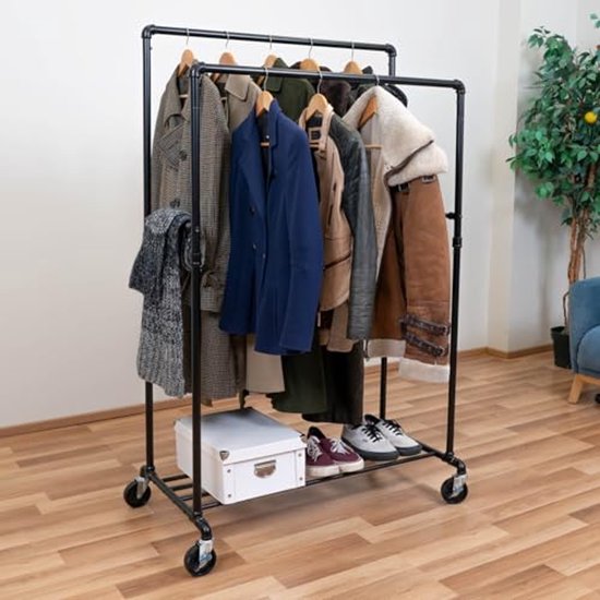 Staande spiegel met planken, stalen constructie, zwart, rembare wielen (42x37x155cm