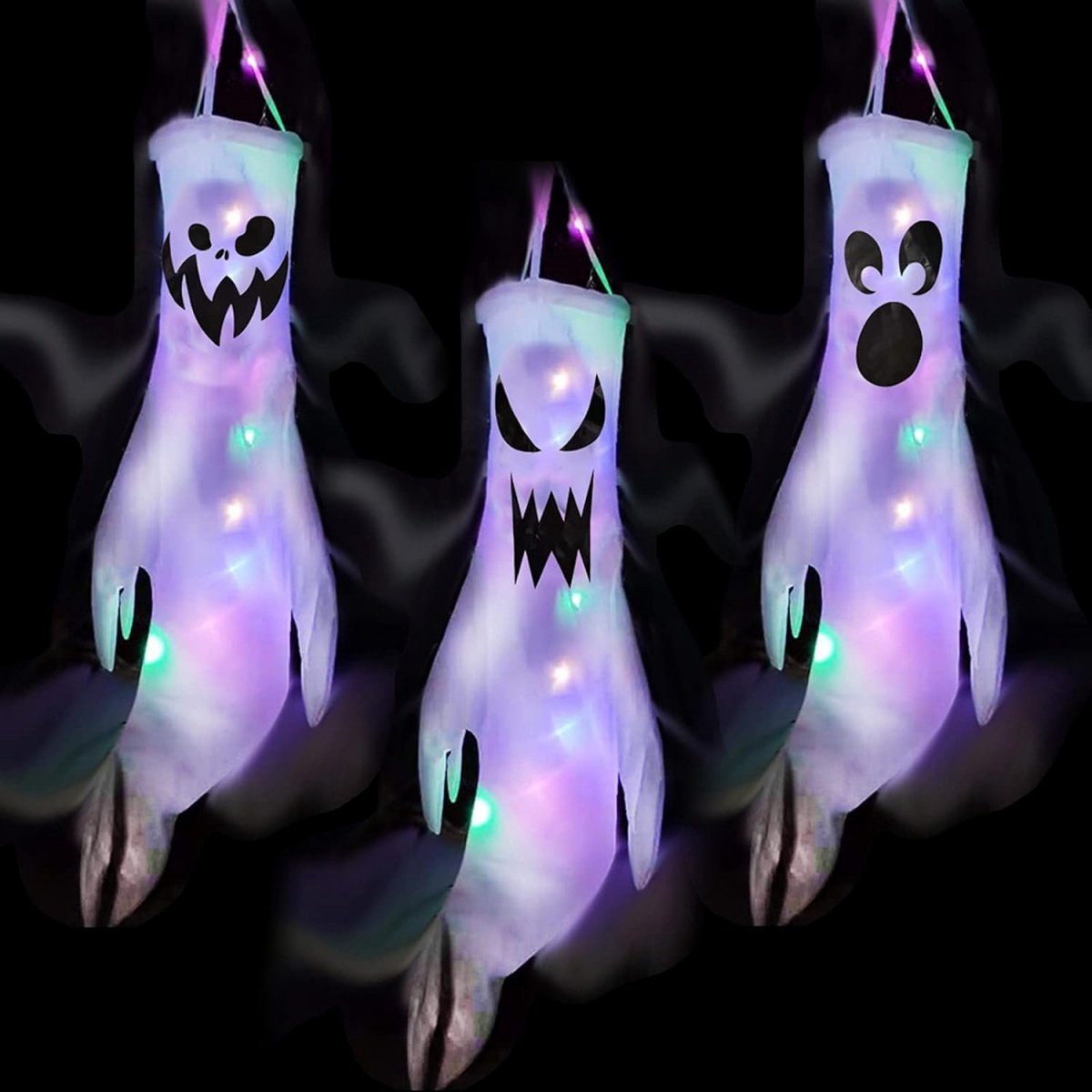 EXCITAT festival spookdecoraties met gekleurde LED-lampjes - 3-pack - 120 x 50 cm - Buiten- of binnendecoraties in de vorm van een spook - Windzak met spook - Horror hangende decoraties geschikt voor tuin, erf, terras en feest