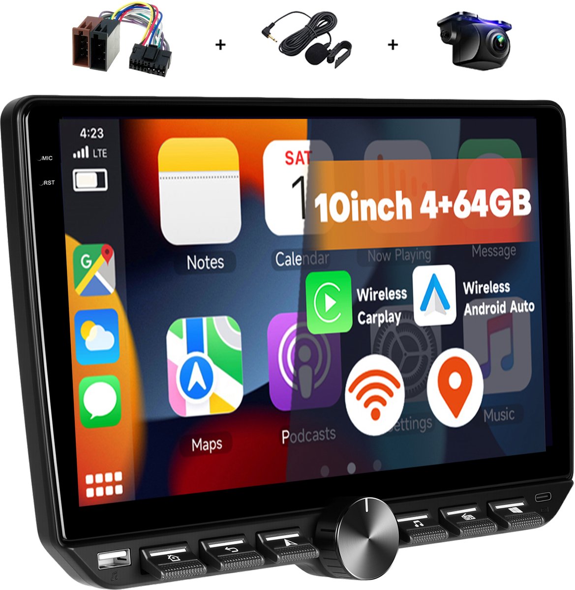 Boscer 2DIN Android 15 Autoradio - 10.1 inch HD IPS Touchscreen - 4+64GB - Draadloze Apple CarPlay & Android Auto - GPS Navigatie - USB, USB-C, Bluetooth, WiFi & MP5 - Inclusief Achteruitrijcamera & Microfoon