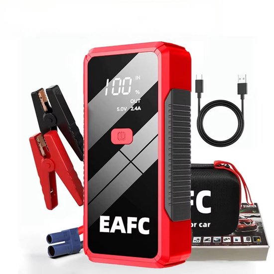 EAFC - 12V Jumpstarter voor Auto - 2000A / 20.000 mAh - 4-in-1 Starthulp met Powerbank, LED Zaklamp en SOS Noodlicht - In Opbergkoffer Rood