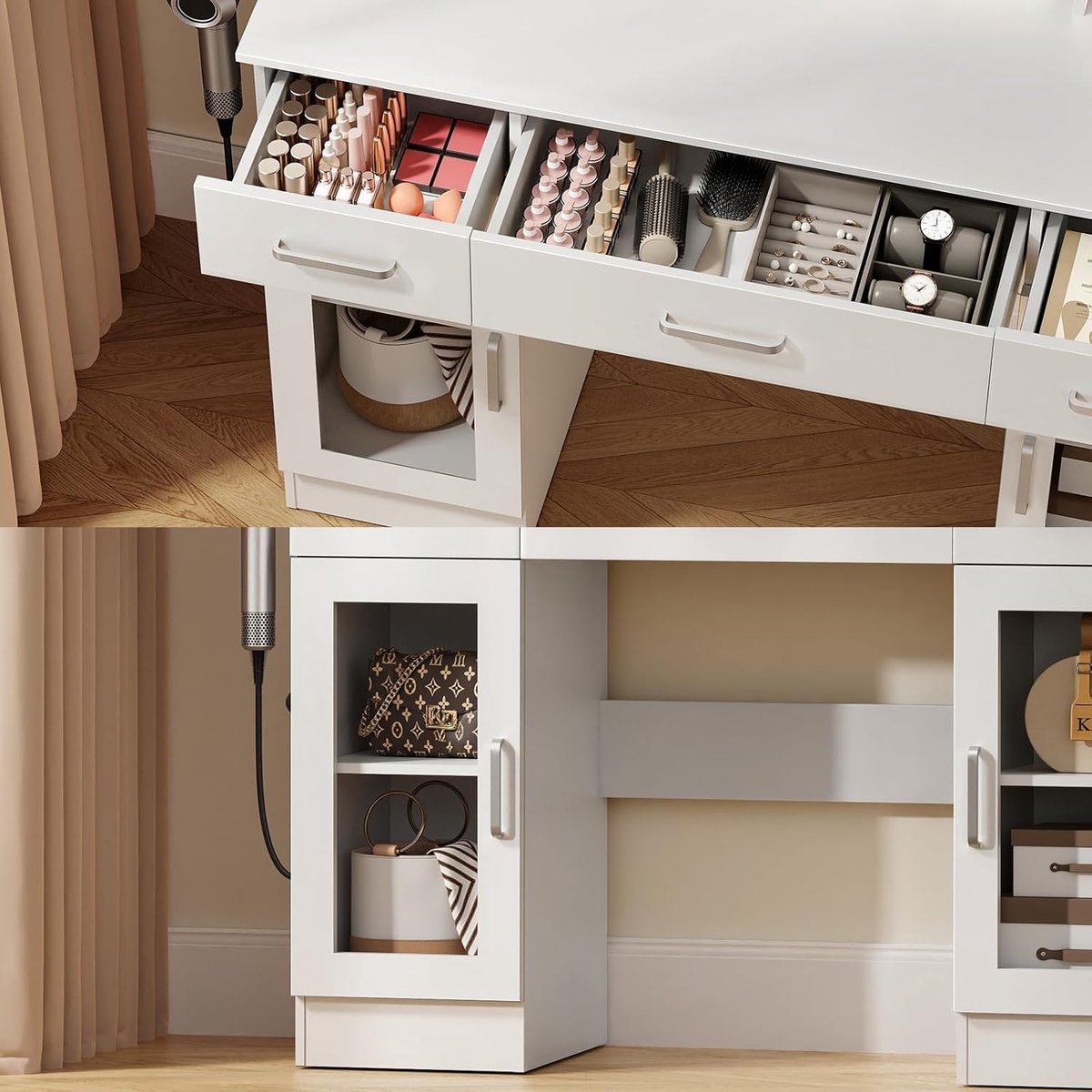Luxe kaptafel met LED-spiegel en kruk - Verstelbare 3-kleurige verlichting, 3 lades en 9 open planken - Moderne make-uptafel met opbergruimte voor de slaapkamer - Wit (110x40x140 cm) HomeByNicole