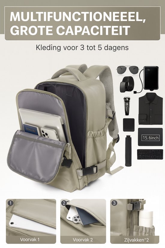 Lichtbeige rugzak met open compartiment, telefoon, paspoort en laptop. Accessoires ernaast.