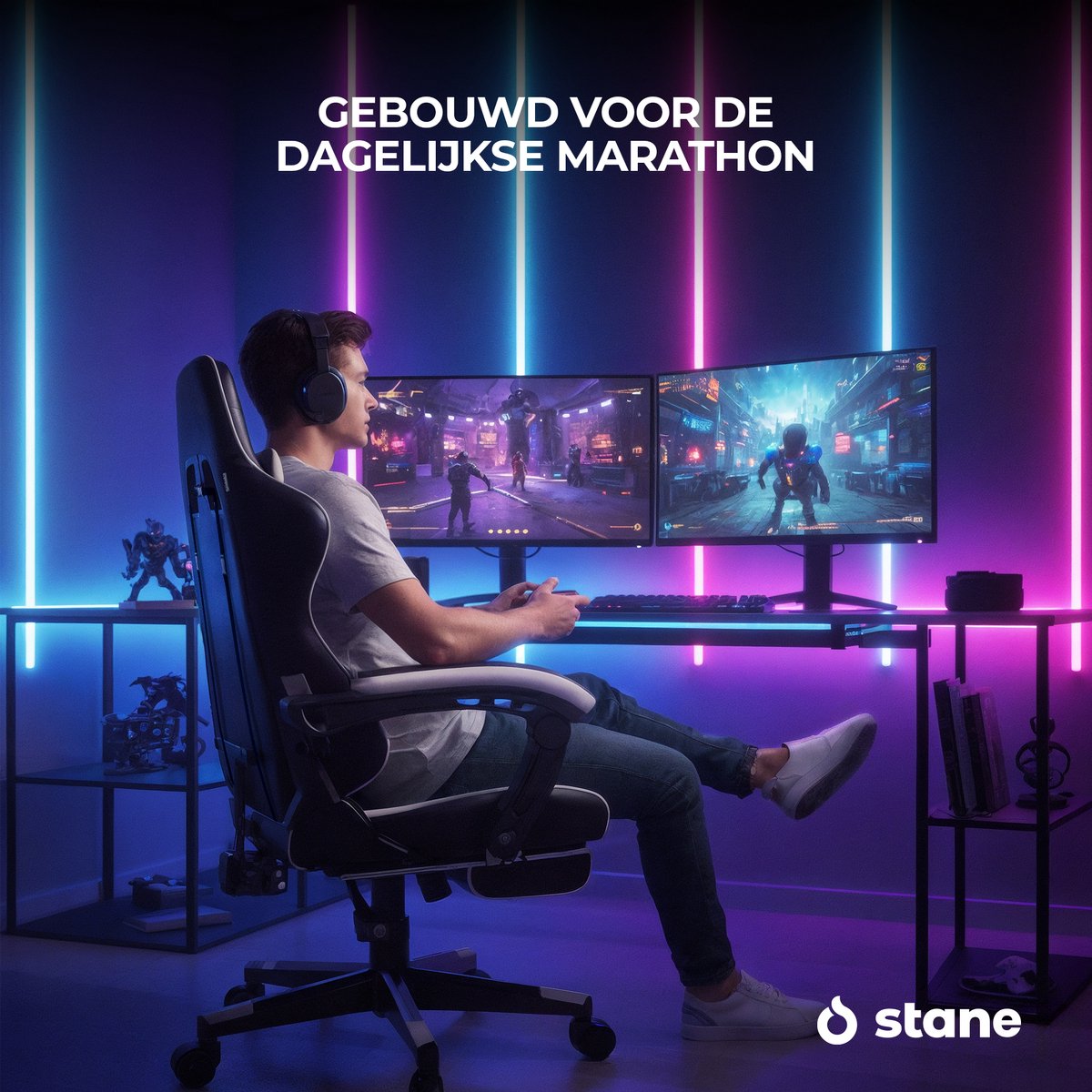 Stane Verstelbare Ergonomische Gamestoel met Voetsteun - Bureaustoel Gaming chair - Game Stoel Zwart/Wit – foto 3