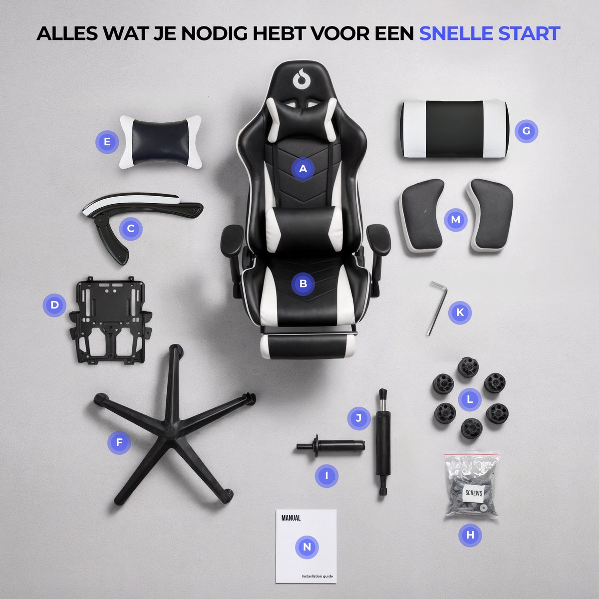 Stane Verstelbare Ergonomische Gamestoel met Voetsteun - Bureaustoel Gaming chair - Game Stoel Zwart/Wit – foto 6