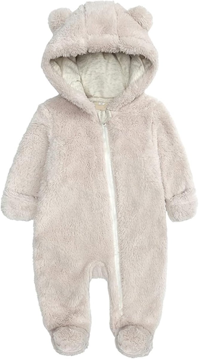 Kinderromper van pluche - Knuffelbeertjes met capuchon, rits en lange mouwen - Warme romper met capuchon - Winteroutfit - Beige - 6