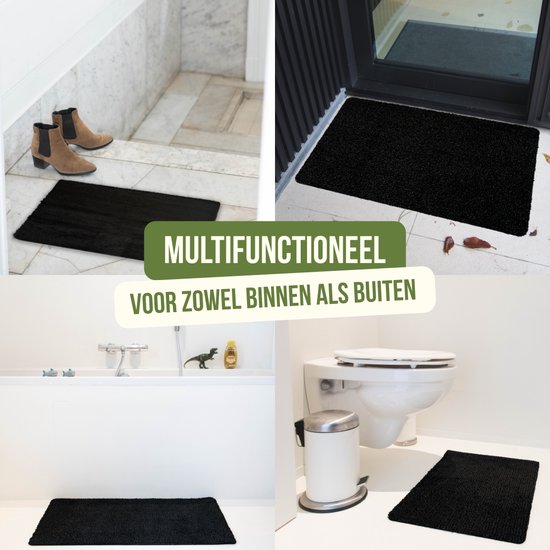 Zwarte deurmatten in diverse interieur- en exterieursettings. Multifunctioneel: voor binnen en buiten.