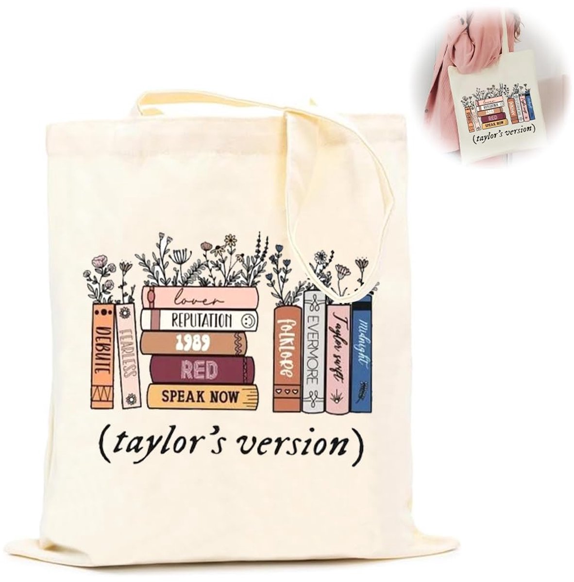 Bedrukte stoffen tas, TS Album geïnspireerde tas voor dames, TS canvas tas, stoffen tas, esthetische tas, katoenen tas, linnen tas, cadeau, muziekliefhebbers voor muziekliefhebbers, wit