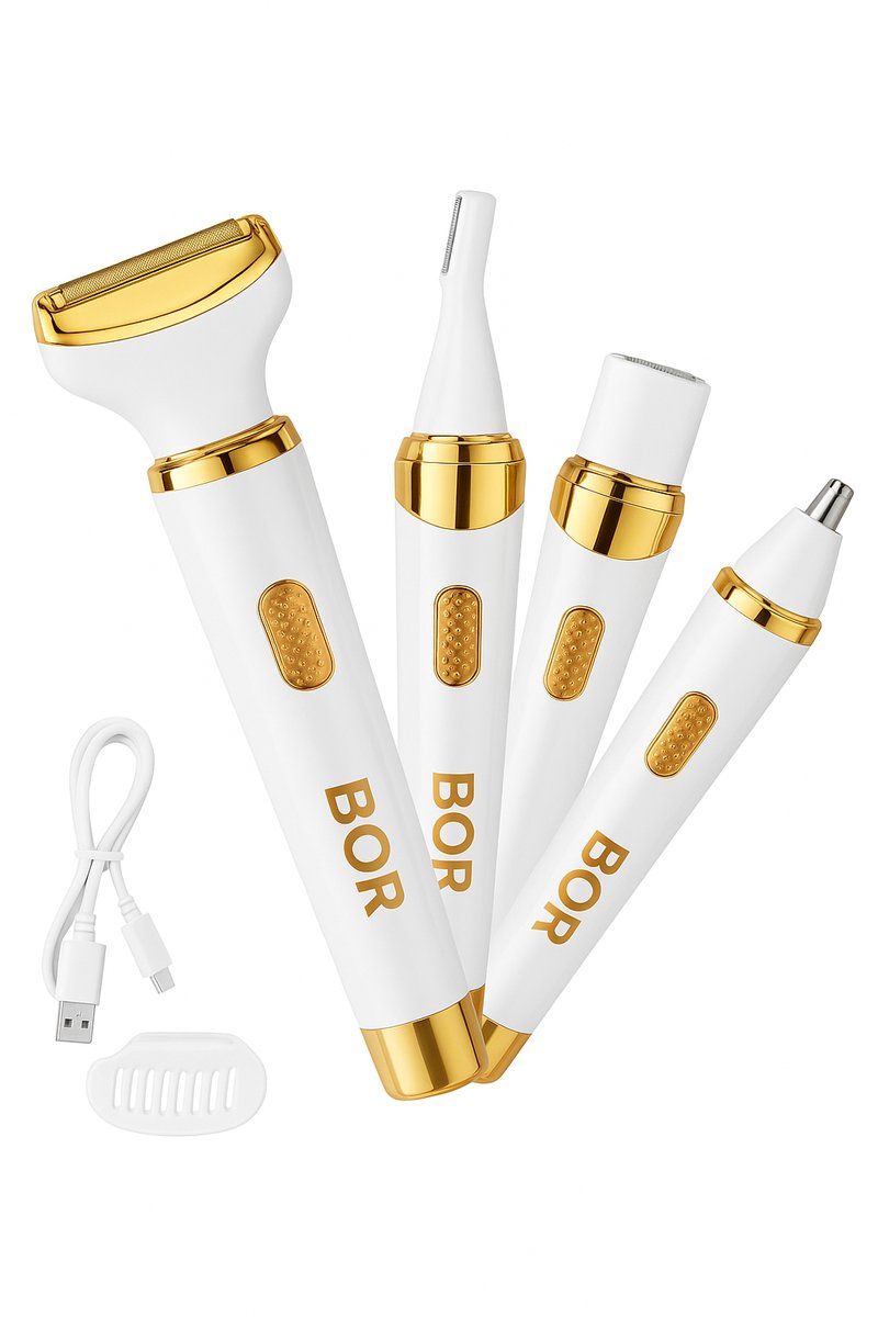 BOR® Ladyshave - Wit met Goud - Ontharingsapparaat - 4 Opzetstukken - Ladyshave - Ladyshave Dames - Usb Oplaadbaar