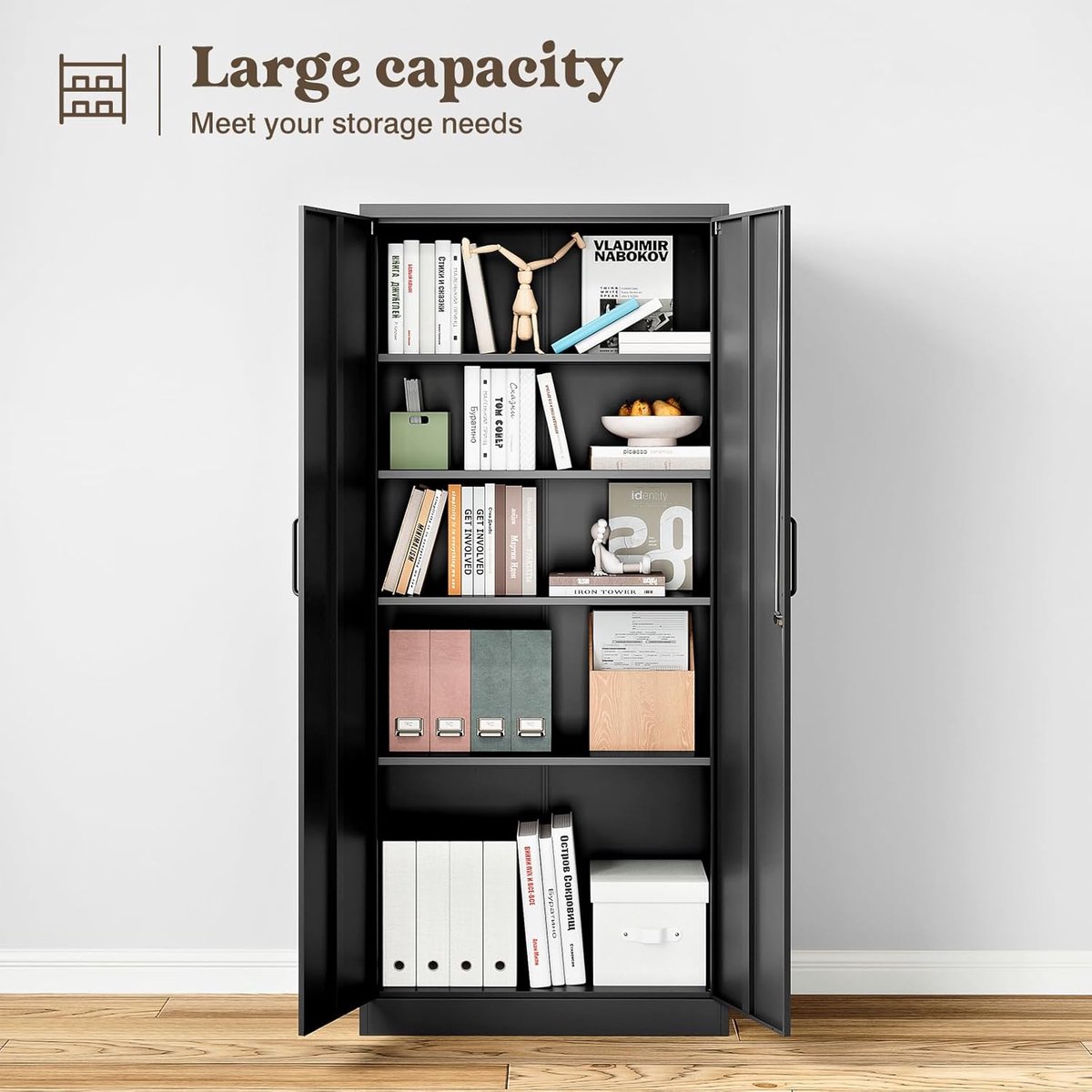 Dossierkast Afsluitbaar met 2 Deuren – Metalen Kast 170x78x39 cm – Stalen Opbergkast met 4 Verstelbare Planken – Multifunctionele Kantoorkast voor Dossiers, Gereedschap & Garage – Roestvrij, Duurzaam & Modern Ontwerp – Zwart - Ganeey