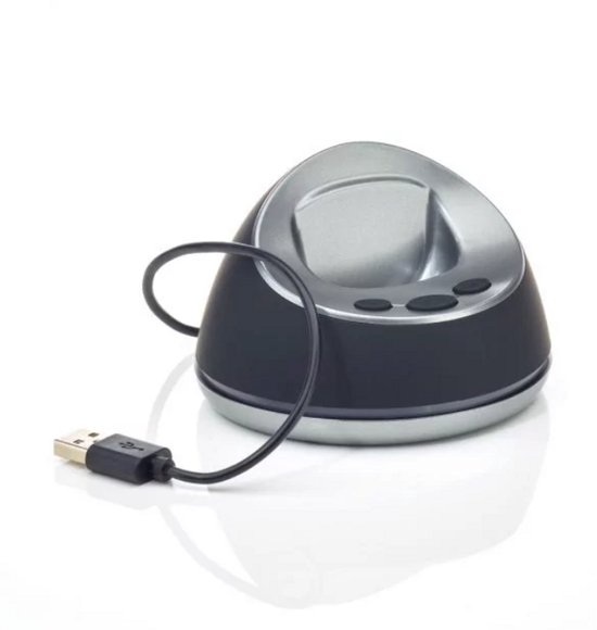 Zwart en zilverkleurig oplaadstation met USB-kabel, ontworpen voor een SOS-noodknop.