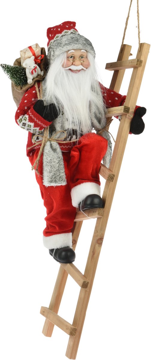 Kersthuisjebestellen - Kerstman op ladder - Kerstman decoratie pop - in Scandinavische stijl - L26 x B25,5 x H65 cm - Klimmende Kerstman
