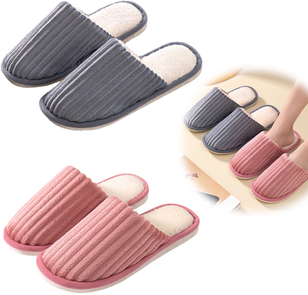 Pantoffels 2 Stuks pantoffels pantoffels Sloffen Huisschoenen Grijs pantoffels Roze pantoffels Koppels Lekker zacht Comfeet Antislip Unisex voor herfst en winter Roze en Grijs
