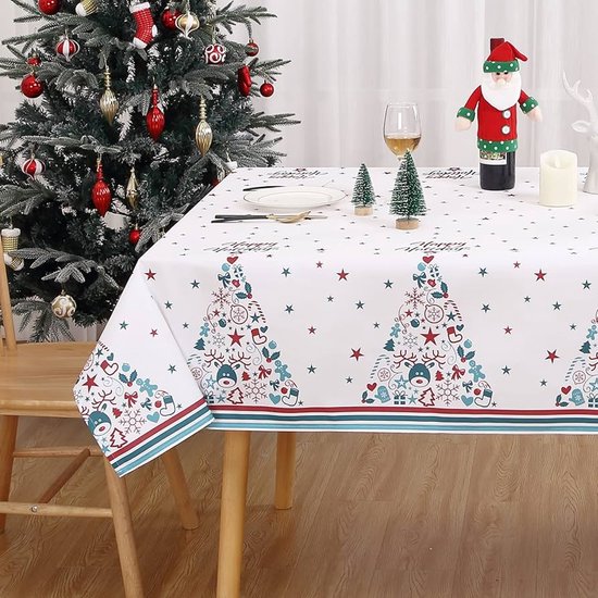 JOLLYTOP Kersttafelkleed, kersttafeldecoratie, waterdicht tafelkleed met herten, decoratief tafelkleed voor thuisfeest, wasbaar, tafelkleed voor buiten en binnen, keuken, B x L 137 x 200 cm, wit