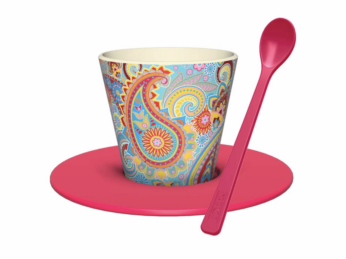 iDrink Cup and Saucer with Spoon Set "PAISLEY" in RPET BPA Free Kop en Schotel met Lepelset 8x8x11cm 130gr