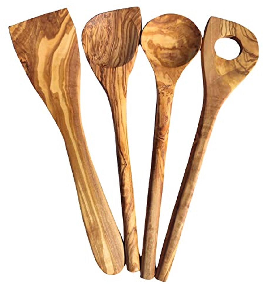 Set van 4 hoge kwaliteit houten kooklepels - Olijfhout, ronde spatula en risottolepel