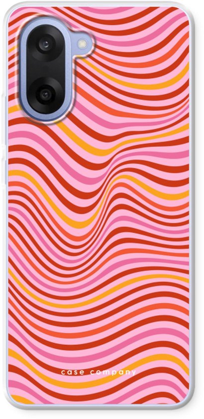 Telefoonhoesje met roze, rode en gele golvende lijnen, met zacht roze als basis.