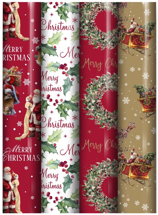 Kerstmis assortiment cadeaupapier - inpakpapier voor Kerst KE138 - 4 mtr x 70 cm - 4 rollen