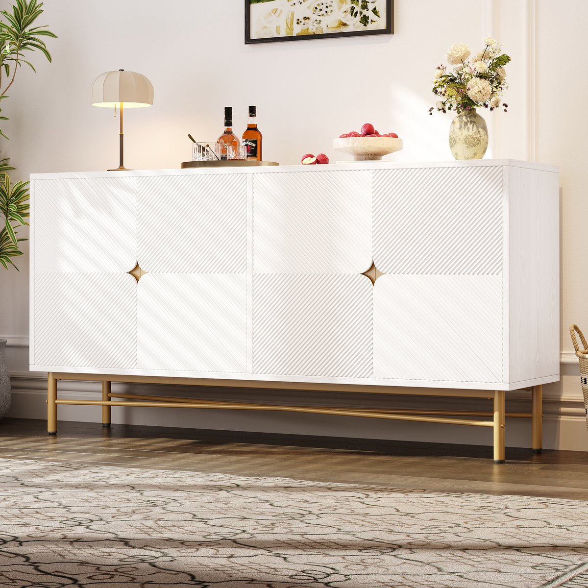 KOMHTOM Dressoir met reliëfstructuur 160 cm, kast met vier deuren, goudkleurige geborstelde handgrepen en hoogglans tafelpoten, wit, 160×40×82 cm