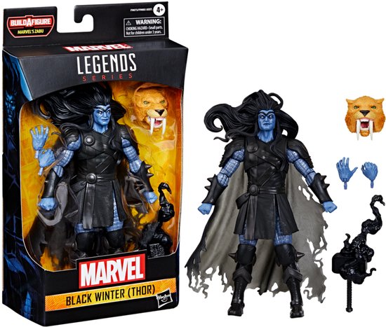 Verpakking van het Marvel Legends Black Winter (Thor) actiefiguur, met afbeelding van het personage en accessoires.